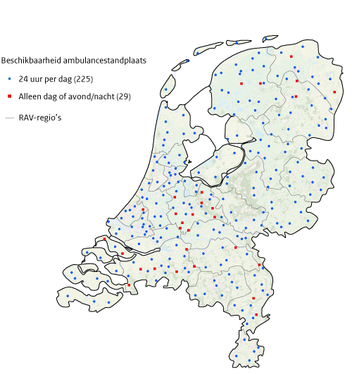Kaart van Nederland met weergave locaties ambulancestandplaatsen