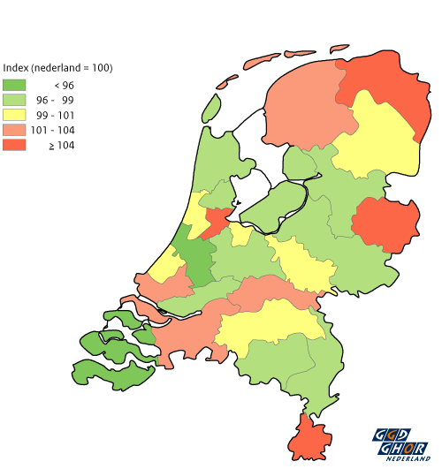 Kaart van Nederland met totale sterfte per GGD-regio