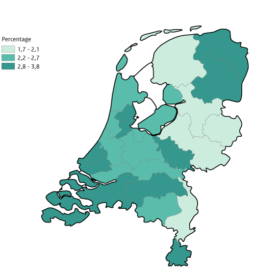 Kaart van Nederland met weergave per GGD-regio Gamen middelbare scholieren (klas 2 en 4)