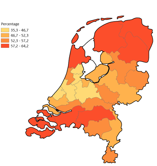 Kaart van Nederland alcoholgebruik jongeren afgelopen 4 weken
