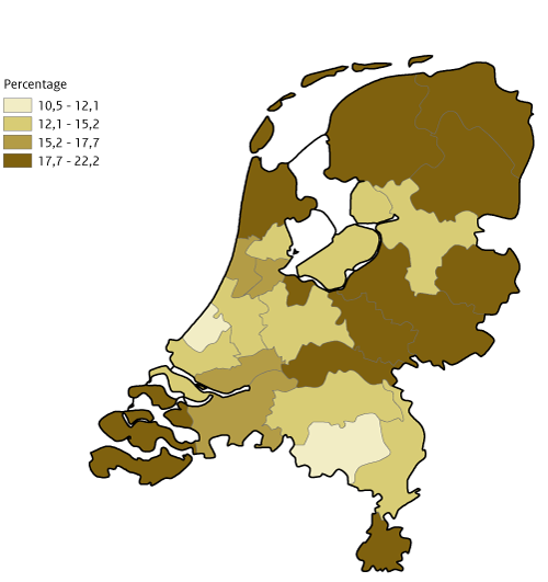 Kaart van Nederland met weergaveper GGD-regio middelbare scholieren, klas 2 en klas 4 die dagelijks roken