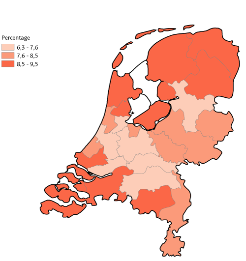Kaart van Nederland met weergave per GGD-regioOp school gepest middelbare scholieren (klas 2 en 4)