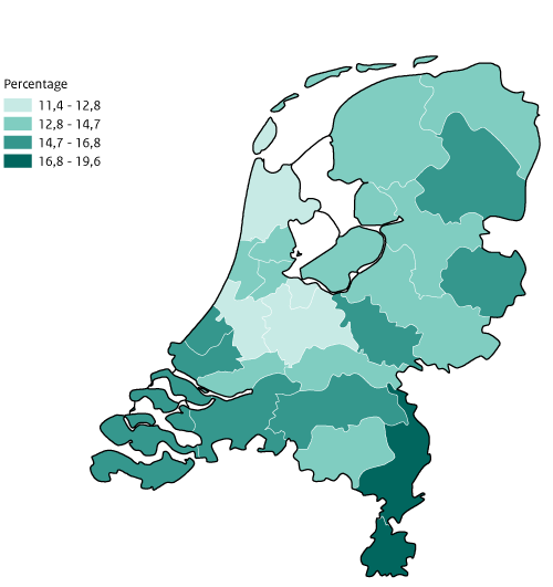 Kaart Nederland funtioneringsproblemen ( 1 of meer beperkingen) per GGD-regio, volwassenen van 19 jaar en ouder GZM 2020