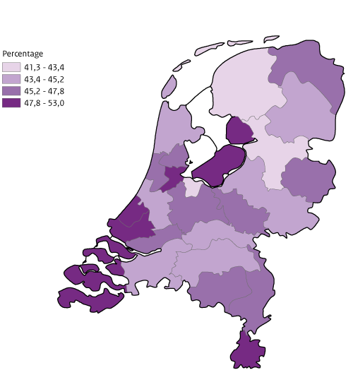 2020 Kaart NL Eenzaamheid per GGD-regio, volwassenen van 19 jr en ouder