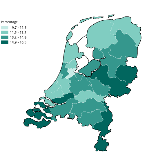 Kaart Nederland mantelzorgers per GGD-regio, volwassenen van 19 jaar en ouder GZM 2020