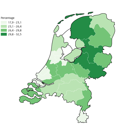Kaart Nederland Vrijwilligerswerk per GGD-regio, volwassenen van 19 jaar en ouder GZM 2020