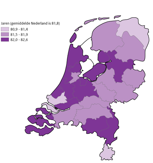 Kaart Nederland Levensverwachting bij geboorte 2016-2019 per GGD-regio