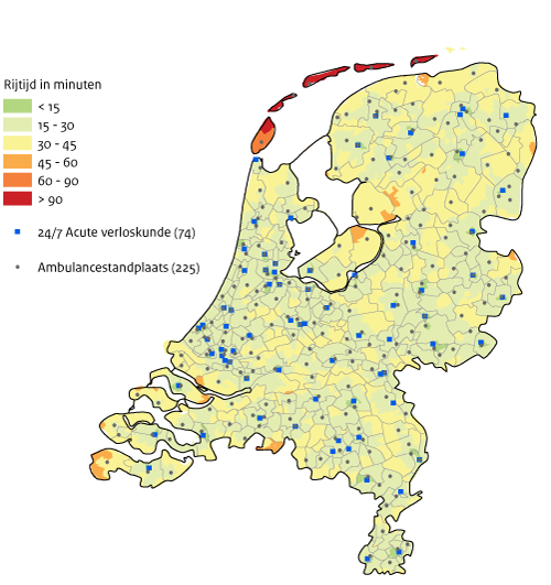 Kaart Nederland Rijtijd in minuten bereik Acute Verloskunde 2022