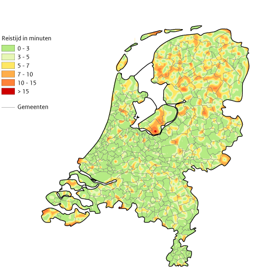Kaart NL Huisartsenpraktijk Reistijd langer dan 10 minuten | 2022