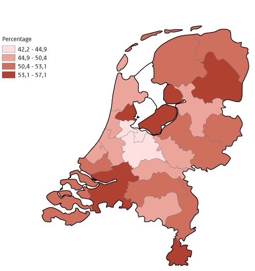 Kaart NL per GGD percentage overgewicht 2022, volw. 18 jaar en ouder