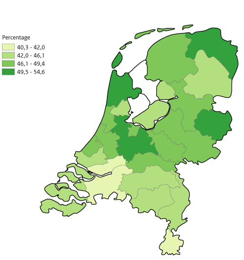 Kaart NL per GGD percentage Bewegen richtlijn, volwassenen 18 jaar en ouder