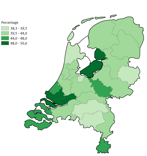 Kaart NL per GGD percentage alcohol geen of weinig gebruik 2022, volw. 18 jaar en ouder