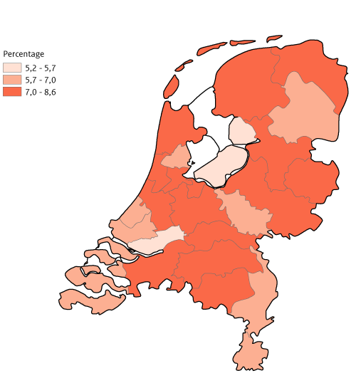 Kaart NL per GGD percentage overmatig drinken 2022, volw. 18 jaar en ouder