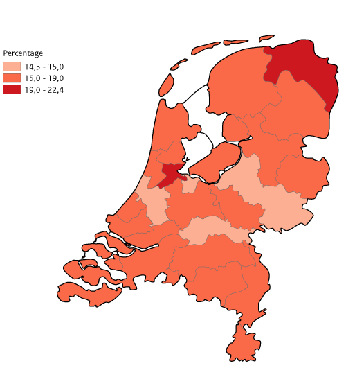 Kaart NL per GGD percentage Roken 2022, volw. 18 jaar en ouder