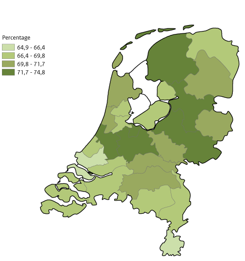 Kaart NL per GGD percentage Ervaren gezondheid 2022, volw. 18 jaar en ouder