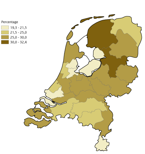 Kaart NL per GGD percentage vrijwilligerswerk 2022, volw. 18 jaar en ouder