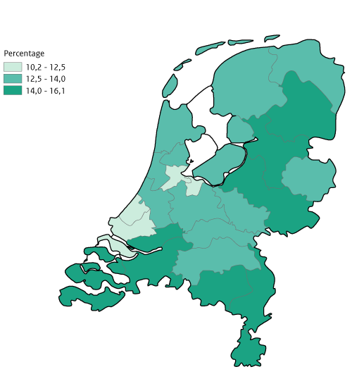 Kaart NL per GGD percentage Mantelzorg geven 2022, volw. 18 jaar en ouder